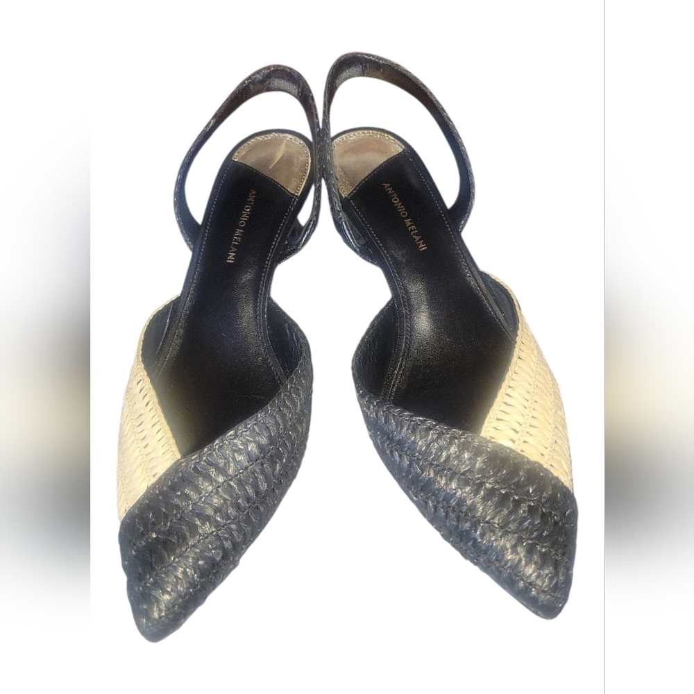 Antonio Melani Women's Raffia Black and Cream Slingback Pointed Toe Kitten Heels